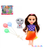 POUPEE 15CM MECHE COULEUR AVEC CHIEN ET BALLONS, ASST