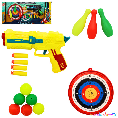 PISTOLET AVEC 4 FLECHES EN MOUSSE ET CIBLE, 50CM