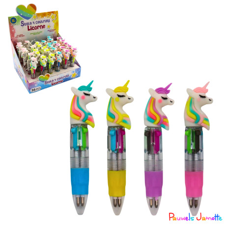 STYLO A BILLE 4 COULEURS DECO LICORNE, 10CM, ASST, SE VEND PAR 12